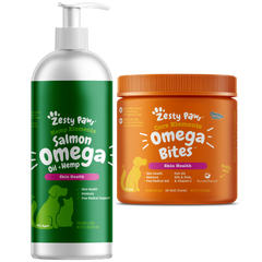 Pawsomely-good Omega Bundle for Dogs with Omega Bites™ soft chews for skin health and Hemp Elements™ Salmon Omega Oil for skin, coat and immune function support – 2 Pack